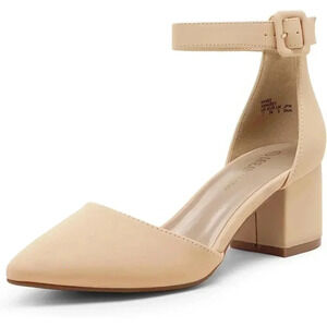 Women's Chunky Closed Toe Low Nubuck Block  Heels Dress Pointed Toe Ankle Strap